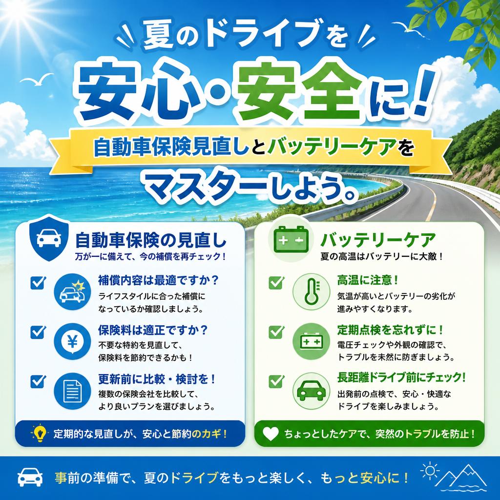 夏のドライブを安心・安全に！自動車保険見直しとバッテリーケアをマスターしよう。