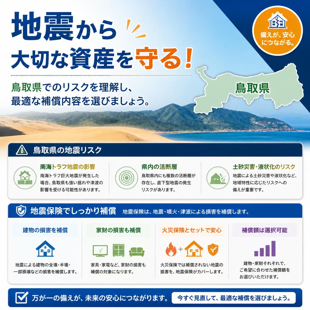 地震から大切な資産を守る！
鳥取県でのリスクを理解し、最適な補償内容を選びましょう。