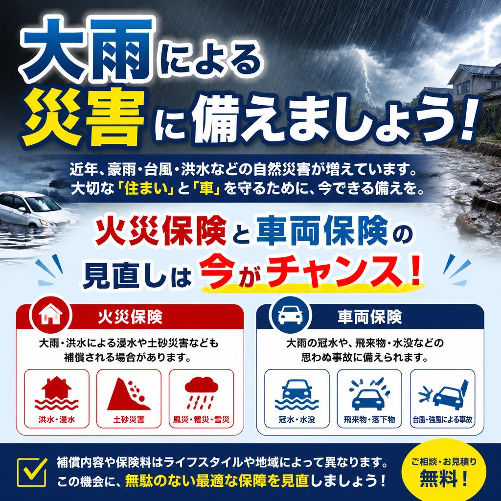 大雨による災害に備えましょう！火災保険と車両保険の見直しは今がチャンス！